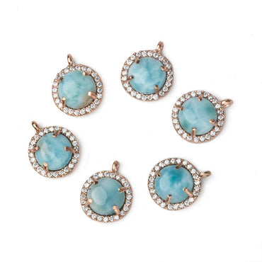 11mm Rose Gold Bezel White CZ and Larimar Coin Pendant 1 focal piece (ONLINE ORDER ONLY)