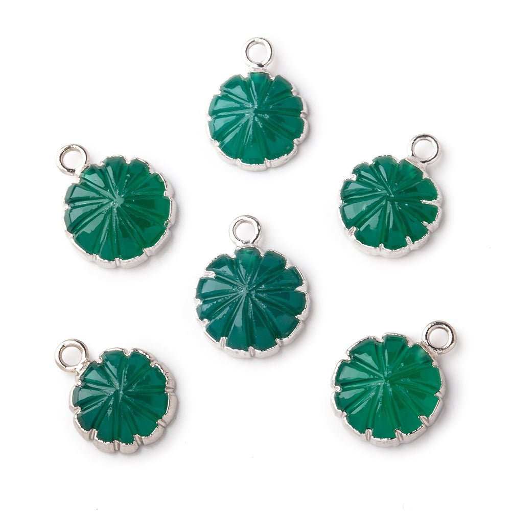 11mm Silver Leafed Green Onyx Carved Floral Coin Focal Pendant 1 piece (ONLINE ORDER ONLY)