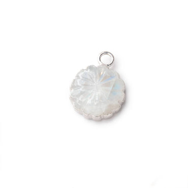 11mm Silver Leafed Rainbow Moonstone Carved Floral Coin Focal Pendant 1 piece (ONLINE ORDER ONLY)