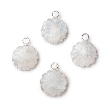 11mm Silver Leafed Rainbow Moonstone Carved Floral Coin Focal Pendant 1 piece (ONLINE ORDER ONLY)