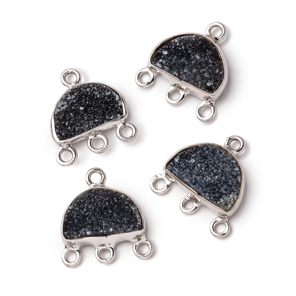 11x7mm .925 Silver Bezel Black Drusy Half Moon 3 ring Connector 1 piece (ONLINE ORDER ONLY)