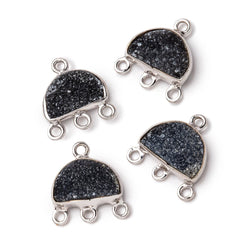 11x7mm .925 Silver Bezel Black Drusy Half Moon 3 ring Connector 1 piece (ONLINE ORDER ONLY)