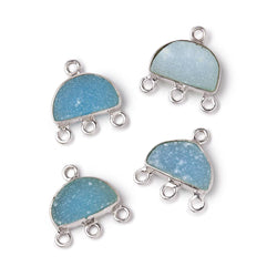 11x7mm .925 Silver Bezel Santorini Blue Drusy Half Moon 3 ring Connector 1 piece (ONLINE ORDER ONLY)