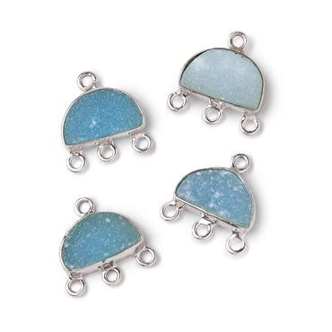 11x7mm .925 Silver Bezel Santorini Blue Drusy Half Moon 3 ring Connector 1 piece (ONLINE ORDER ONLY)