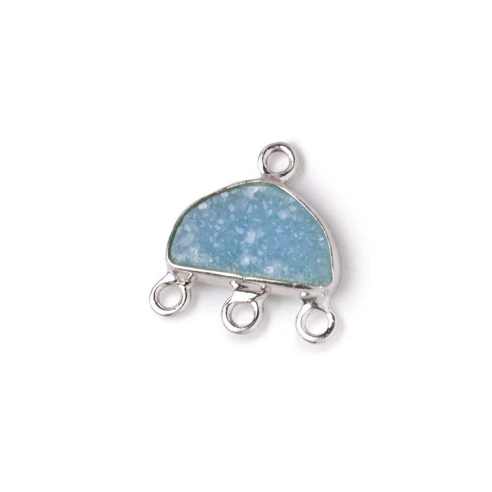 11x7mm .925 Silver Bezel Santorini Blue Drusy Half Moon 3 ring Connector 1 piece (ONLINE ORDER ONLY)