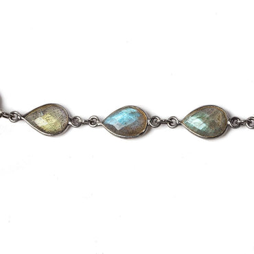 11x8mm Labradorite pear Oxidized Silver .925 Bezeled Chain by the foot 17 pcs (ONLINE ORDER ONLY)