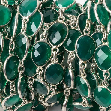 11x9mm Silver Bezel Green Onyx Nugget Silver .925 Chain by the foot 18 pieces (ONLINE ORDER ONLY)