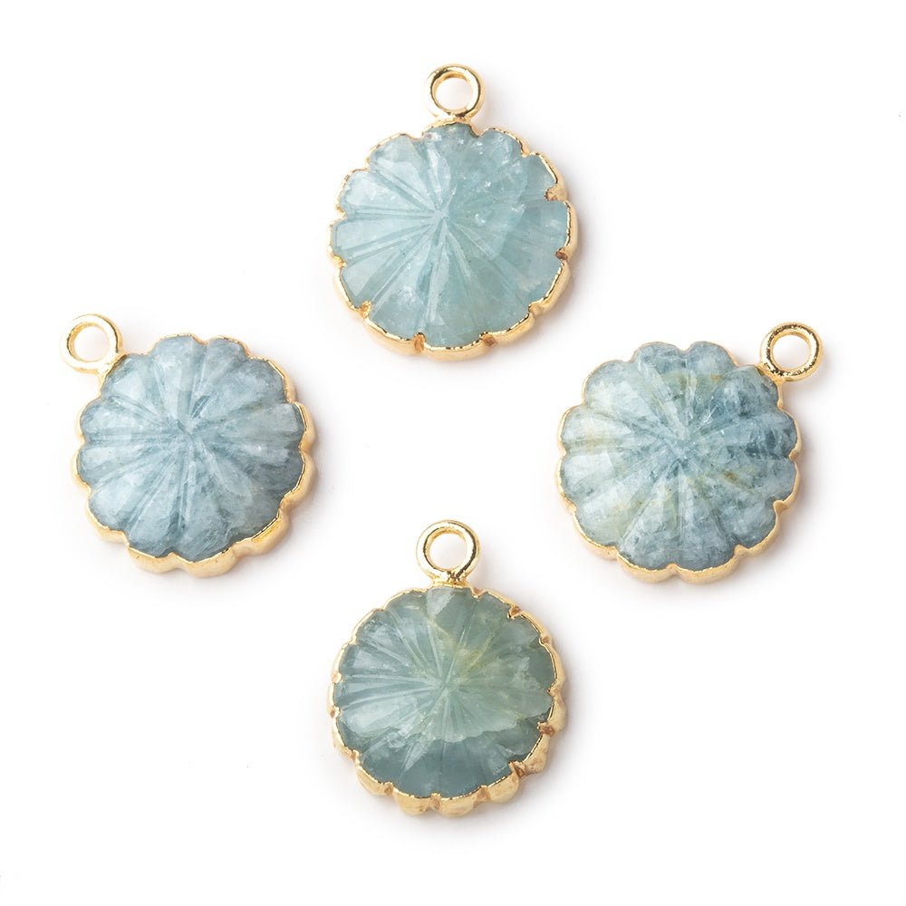 12-13mm Gold Leafed Aquamarine Carved Floral Coin Focal Pendant 1 piece (ONLINE ORDER ONLY)