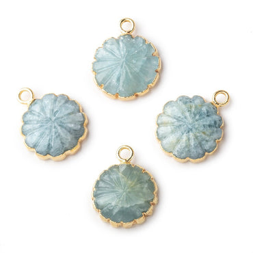 12-13mm Gold Leafed Aquamarine Carved Floral Coin Focal Pendant 1 piece (ONLINE ORDER ONLY)
