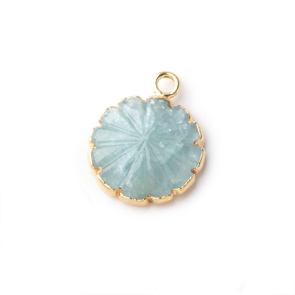 12-13mm Gold Leafed Aquamarine Carved Floral Coin Focal Pendant 1 piece (ONLINE ORDER ONLY)