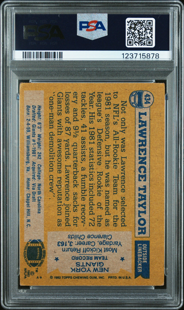 Graded 1982 Topps Lawrence Taylor #434 Rookie RC Signed Football Card PSA 3 Card - Auto Grade 10 (ONLINE ORDER ONLY)