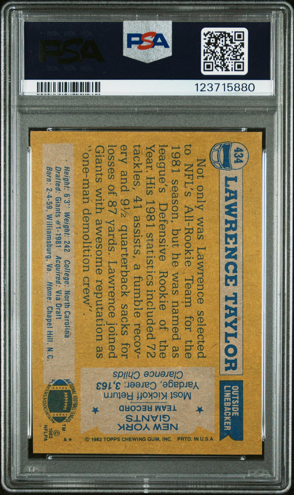 Graded 1982 Topps Lawrence Taylor #434 Rookie RC Signed Football Card PSA 8 Card - Auto Grade 9 (ONLINE ORDER ONLY)