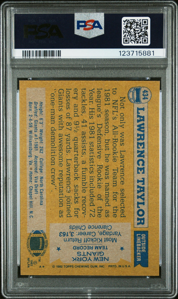 Graded 1982 Topps Lawrence Taylor #434 Rookie RC Signed Football Card PSA 8 Card - Auto Grade 10 (ONLINE ORDER ONLY)