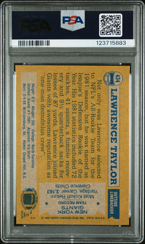 Graded 1982 Topps Lawrence Taylor #434 Rookie RC Signed Football Card PSA 9 Card - Auto Grade 10 (ONLINE ORDER ONLY)