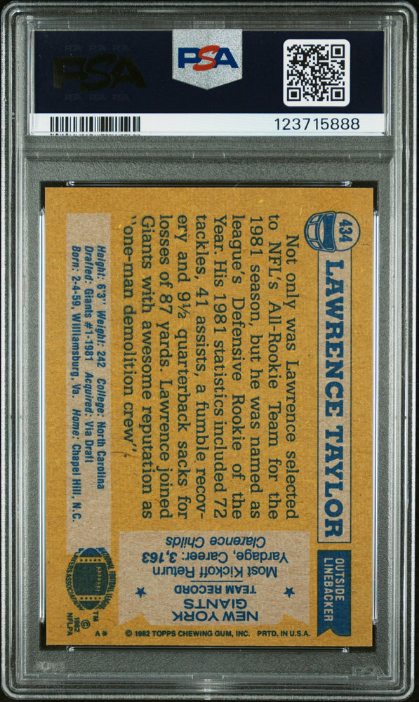 Graded 1982 Topps Lawrence Taylor #434 Rookie RC Signed Football Card PSA 7 Card - Auto Grade 10 (ONLINE ORDER ONLY)
