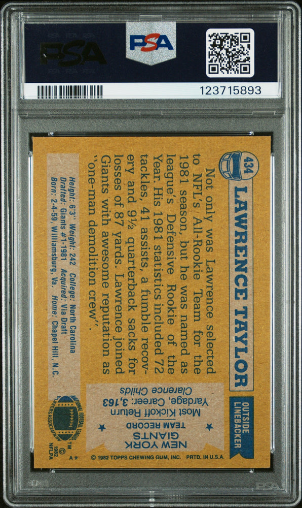 Graded 1982 Topps Lawrence Taylor #434 Rookie RC Signed Football Card PSA 7 Card - Auto Grade 10