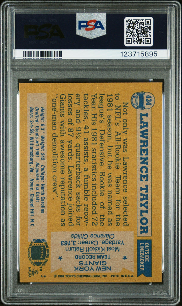 Graded 1982 Topps Lawrence Taylor #434 Rookie RC Signed Football Card PSA 6 Card - Auto Grade 10 (ONLINE ORDER ONLY)