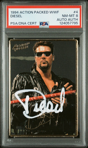 Graded 1994 Action Packed WWF Kevin Nash Diesel #4 Rookie RC Signed Wrestling Card PSA 8 Card - Auto Grade Authentic (ONLINE ORDER ONLY)