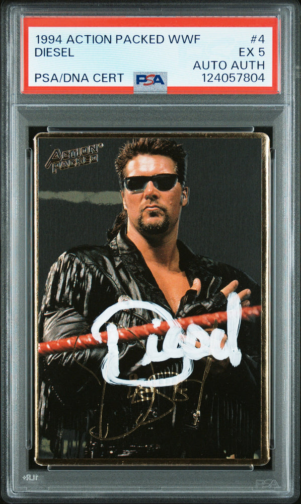 Graded 1994 Action Packed WWF Kevin Nash Diesel #4 Rookie RC Signed Wrestling Card PSA 5 Card - Auto Grade Authentic (ONLINE ORDER ONLY)