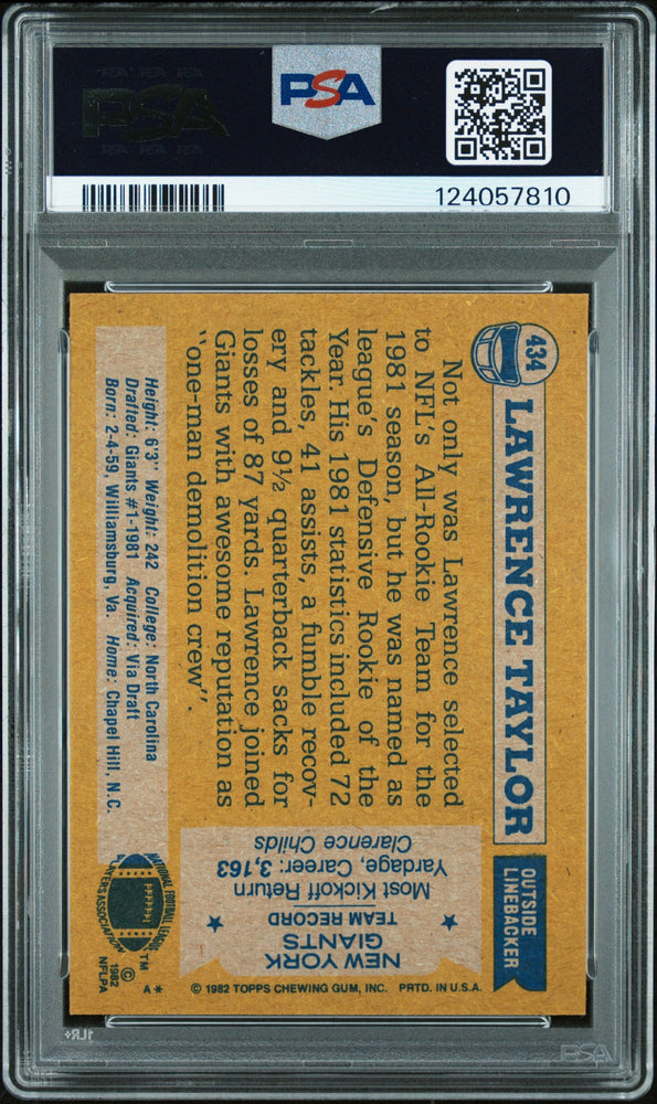 Graded 1982 Topps Lawrence Taylor #434 Rookie RC Signed Football Card PSA 8 Card - Auto Grade Authentic (ONLINE ORDER ONLY)