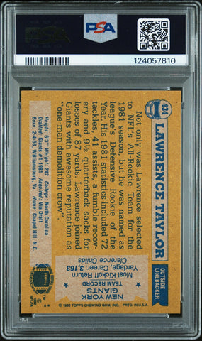 Graded 1982 Topps Lawrence Taylor #434 Rookie RC Signed Football Card PSA 8 Card - Auto Grade Authentic (ONLINE ORDER ONLY)