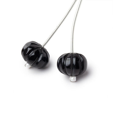 12.5mm Black Chalcedony Carved Melon Focals Set of 2 Beads (ONLINE ORDER ONLY)