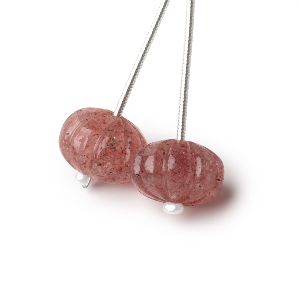 12.5mm Strawberry Quartz Carved Melon Focals Set of 2 Beads (ONLINE ORDER ONLY)
