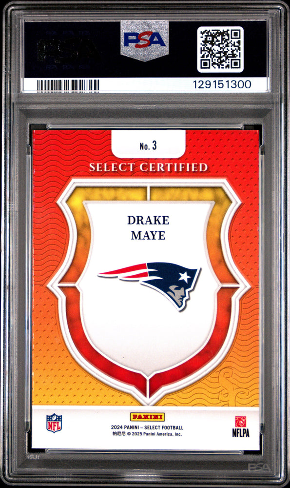 Graded 2024 Panini Select Drake Maye #3 Select Certified Rookie RC Football Card PSA 10 Gem Mint (ONLINE ORDER ONLY)
