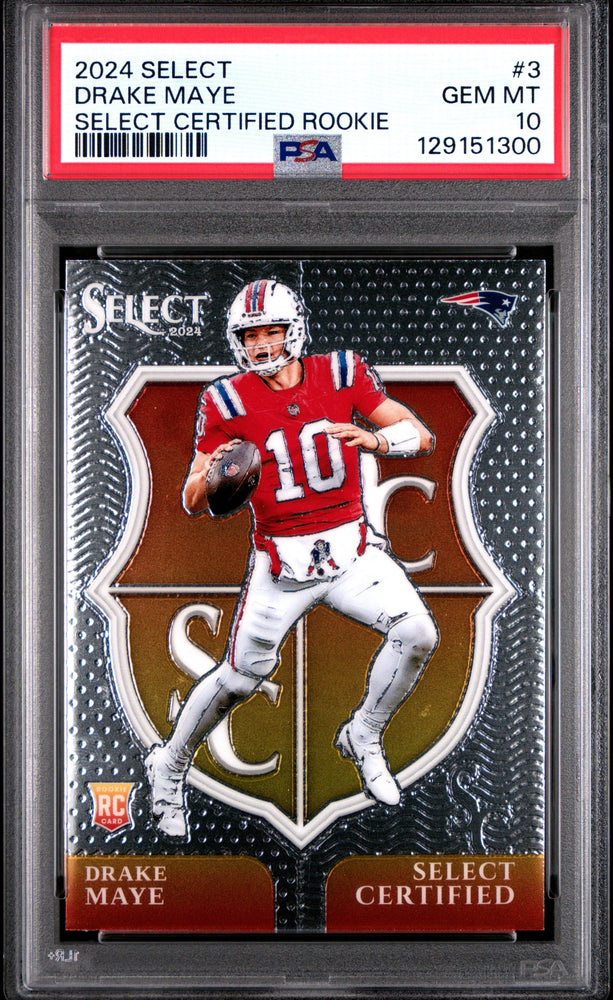 Graded 2024 Panini Select Drake Maye #3 Select Certified Rookie RC Football Card PSA 10 Gem Mint (ONLINE ORDER ONLY)