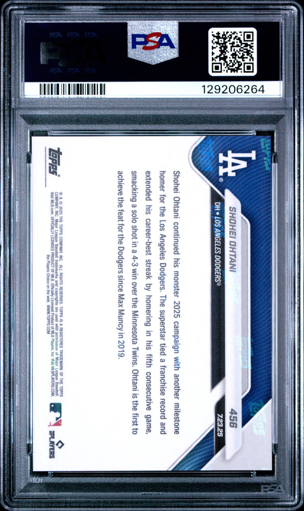 Graded 2025 Topps Now Shohei Ohtani #456 5th Straight Game with HR Ties Dodgers Record Baseball Card PSA 10 Gem Mint (ONLINE ORDER ONLY)