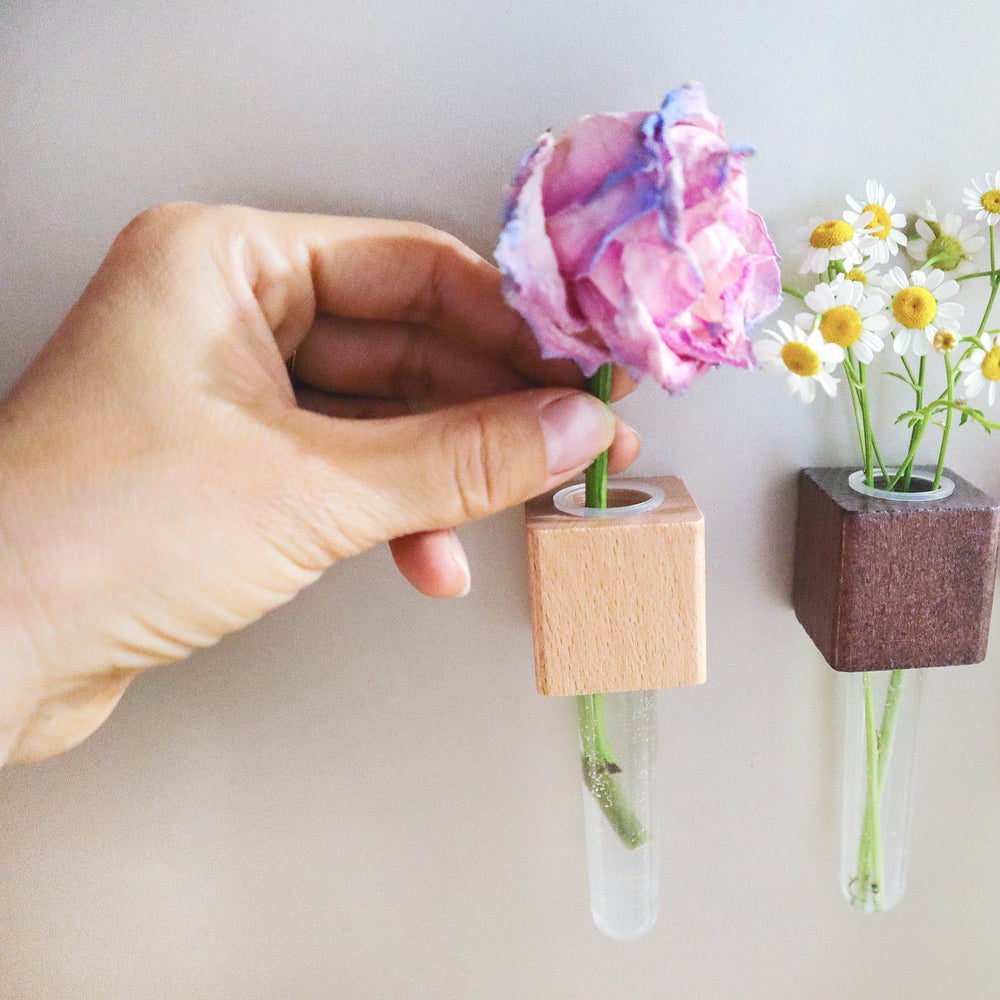 Mini Vase Magnets – Set of 2 – Beech & Walnut Wood – Decorative Fridge Magnets for Small Flowers or Greenery (ONLINE ORDER ONLY)