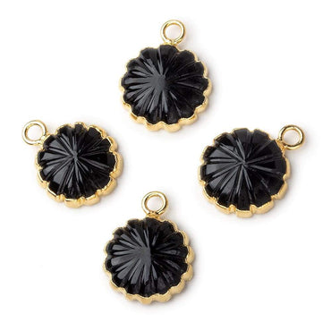 12mm 22kt Gold Leafed Black Chalcedony carved floral coin Pendant 1 focal bead (ONLINE ORDER ONLY)