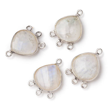 12mm .925 Silver Bezel Rainbow Moonstone faceted heart 3 ring Connector 1 piece (ONLINE ORDER ONLY)