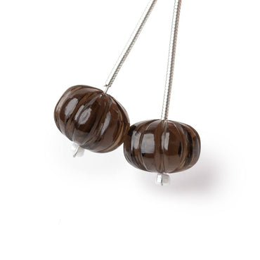 12mm Smoky Quartz Carved Melon Focals Set of 2 Beads (ONLINE ORDER ONLY)