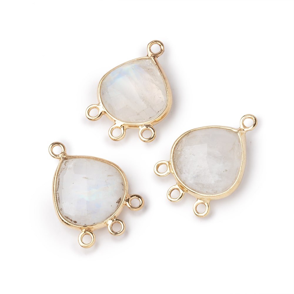 12mm Vermeil Bezel Rainbow Moonstone faceted heart 3 ring Connector 1 piece (ONLINE ORDER ONLY)