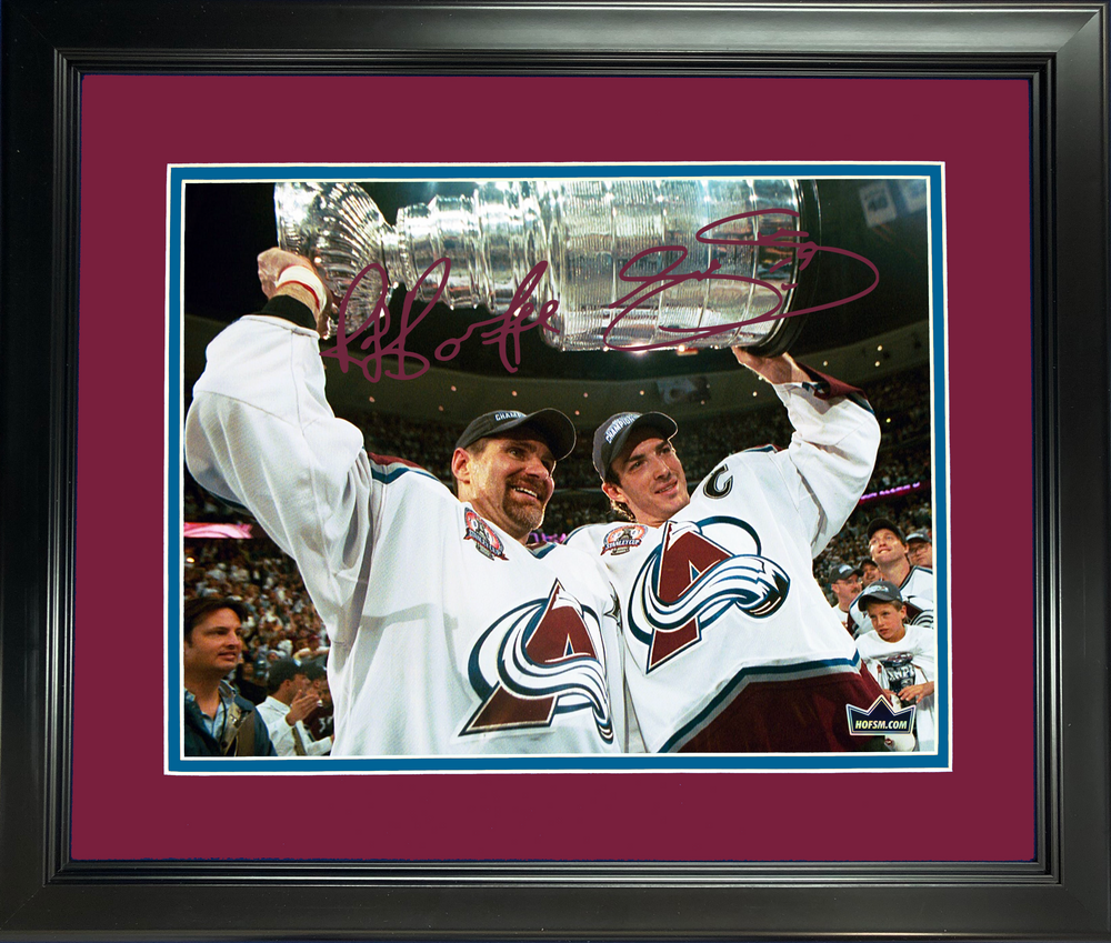 Framed Joe Sakic & Ray Bourque Dual Facsimile Laser Engraved Signature Auto 11"x14" Hockey Photo HOFSM Holo (ONLINE ORDER ONLY)
