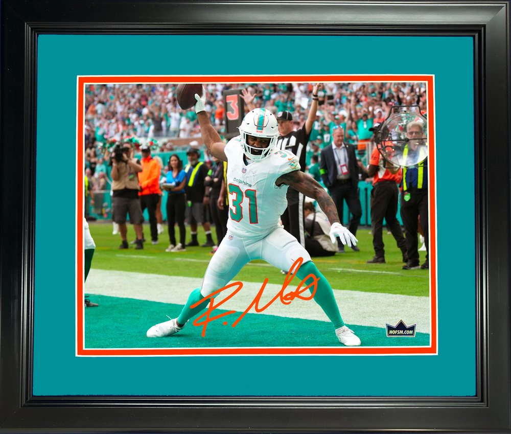 Framed Raheem Mostert Miami Dolphins Facsimile Laser Engraved Signature Auto 11"x14"Football Photo HOFSM Holo (ONLINE ORDER ONLY)