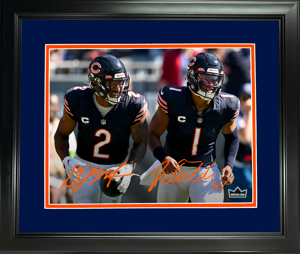 Framed Justin Fields & D.J. Moore Dual Chicago Bears Facsimile Laser Engraved Signature Auto 11"x14" Football Photo HOFSM Holo (ONLINE ORDER ONLY)