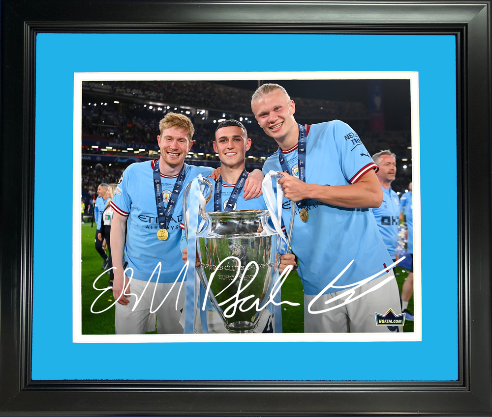Framed Erling Haaland, Kevin De Bruyne & Phil Foden Facsimile Laser Engraved Signature Auto Manchester City 11"x14" Soccer Photo HOFSM Holo (ONLINE ORDER ONLY)