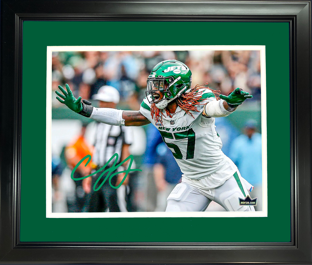 Framed C.J. Mosley Facsimile Laser Engraved Signature Auto New York Jets 11"x14" Football Photo HOFSM Holo (ONLINE ORDER ONLY)
