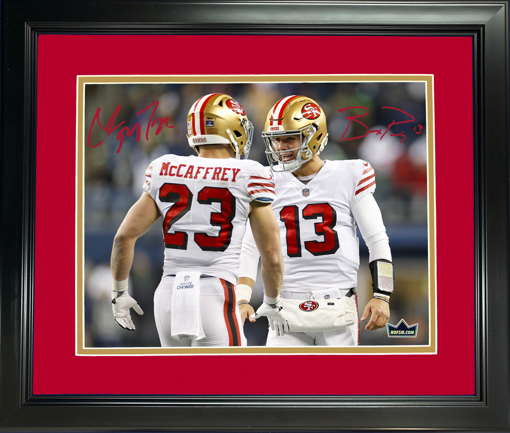 Framed Brock Purdy & Christian McCaffrey San Francisco 49ers Dual Facsimile Laser Engraved Signature Auto 11"x14" Football Photo HOFSM Holo (ONLINE ORDER ONLY)