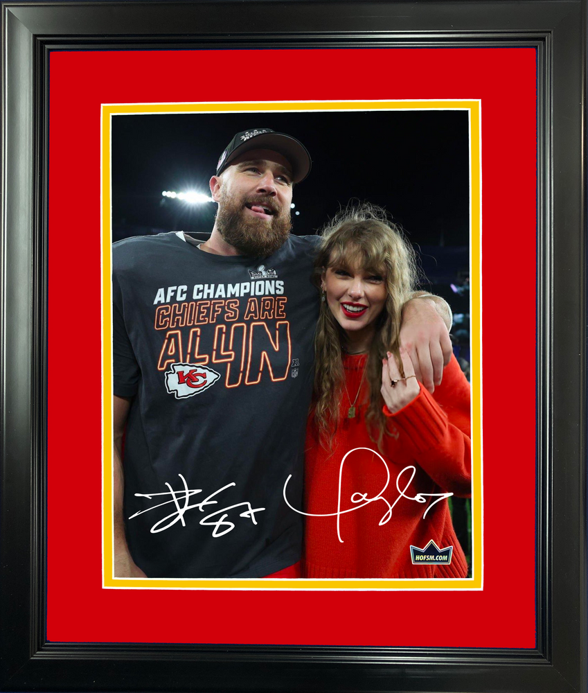 Framed Travis Kelce Dual Facsimile Laser Engraved Signature Auto Kansas City Chiefs 11"x14" Football Photo HOFSM Holo (ONLINE ORDER ONLY)