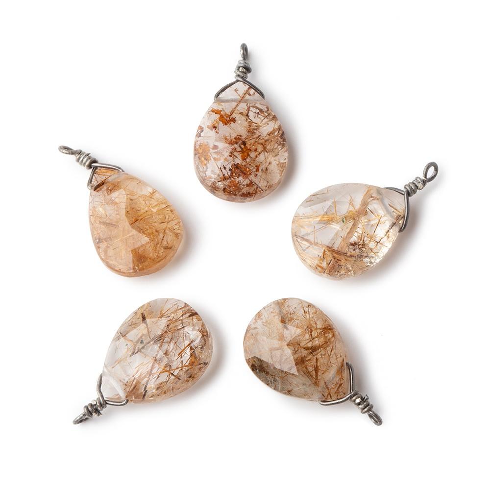 12x9mm Black Gold Wire Wrapped Rutilated Quartz Faceted Pear 1 Focal Pendant (ONLINE ORDER ONLY)