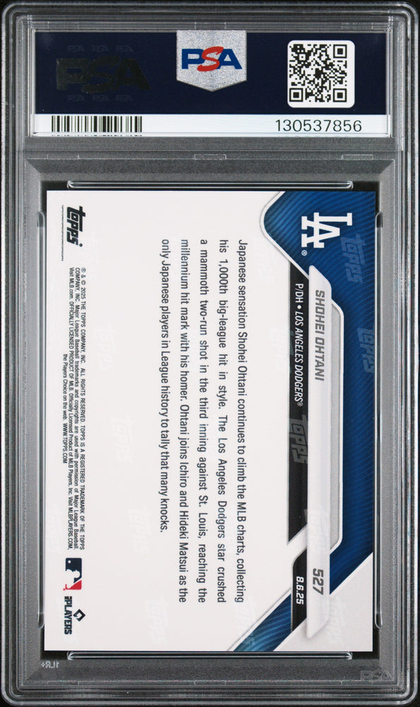 Graded 2025 Topps Now Shohei Ohtani #527 Blasts Majestic HR for 1,000th MLB Hit Baseball Card PSA 10 Gem Mint (ONLINE ORDER ONLY)