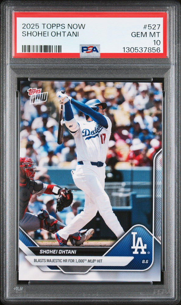 Graded 2025 Topps Now Shohei Ohtani #527 Blasts Majestic HR for 1,000th MLB Hit Baseball Card PSA 10 Gem Mint (ONLINE ORDER ONLY)