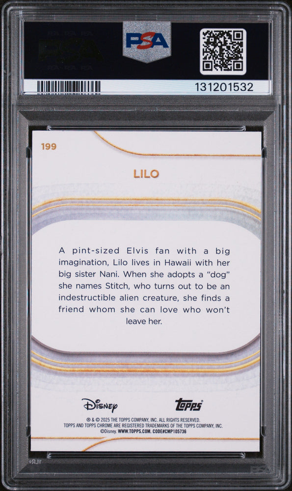 Graded 2025 Topps Chrome Disney Lilo #199 Yellow Refractor #/275 Lilo & Stitch Trading Card PSA 10 Gem Mint
