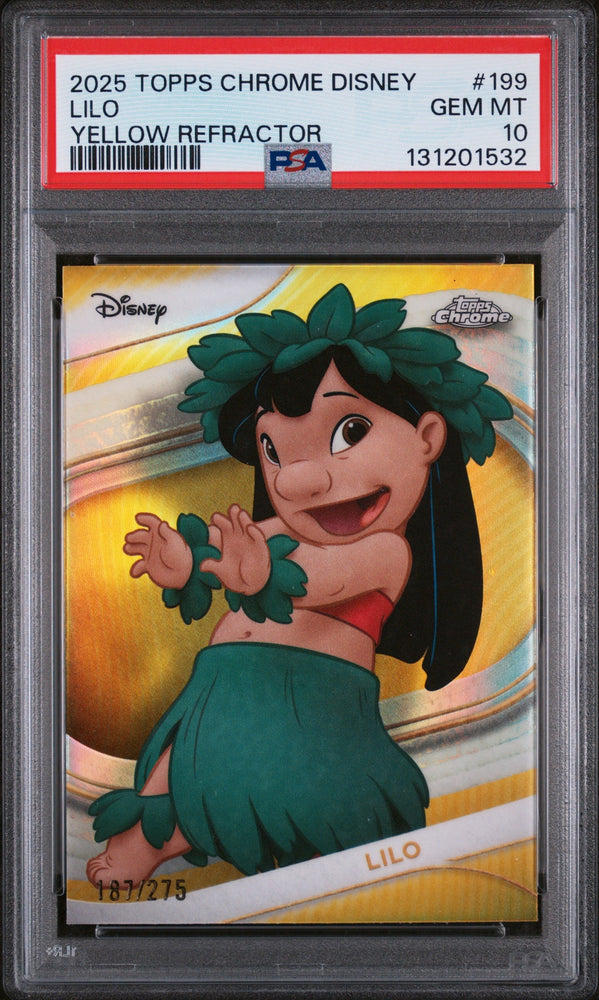 Graded 2025 Topps Chrome Disney Lilo #199 Yellow Refractor #/275 Lilo & Stitch Trading Card PSA 10 Gem Mint