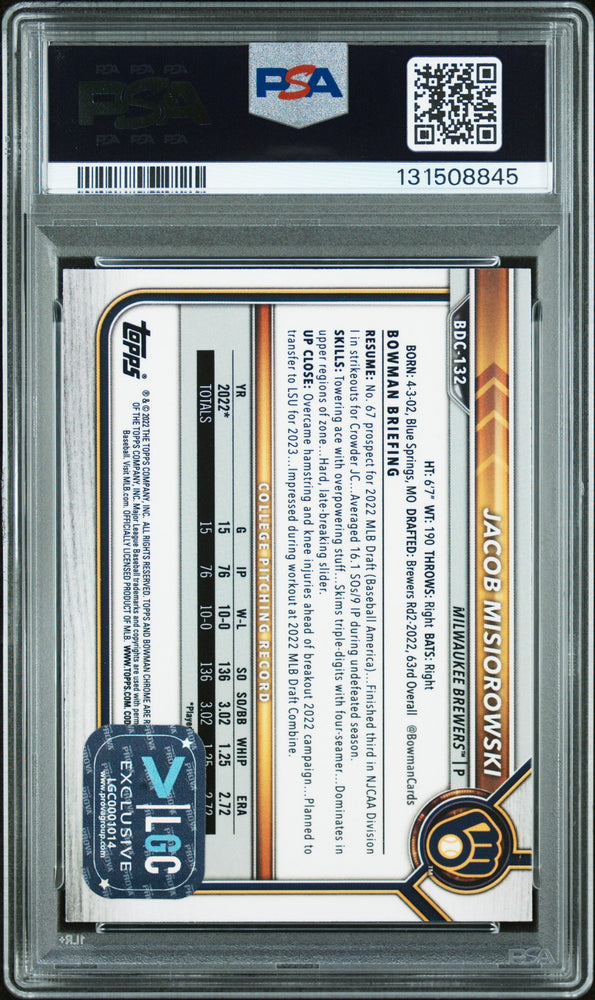 Graded 2022 Topps Bowman Draft Jacob Misiorowski #BDC-132 Chrome Rookie RC Baseball Card PSA 10 Auto Grade Gem Mint