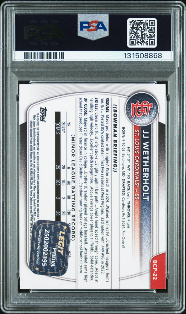 Graded 2025 Topps Bowman JJ Wetherholt #BCP-22 Chrome Prospects Rookie RC Baseball Card PSA 10 Auto Grade Gem Mint