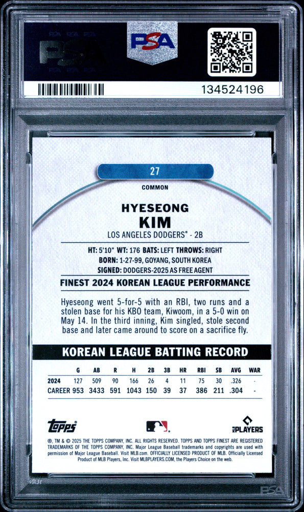 Graded 2025 Topps Finest Hyeseong Kim #27 Sky Blue Refractor /325 Rookie RC Baseball Card PSA 10 Gem Mint (ONLINE ORDER ONLY)